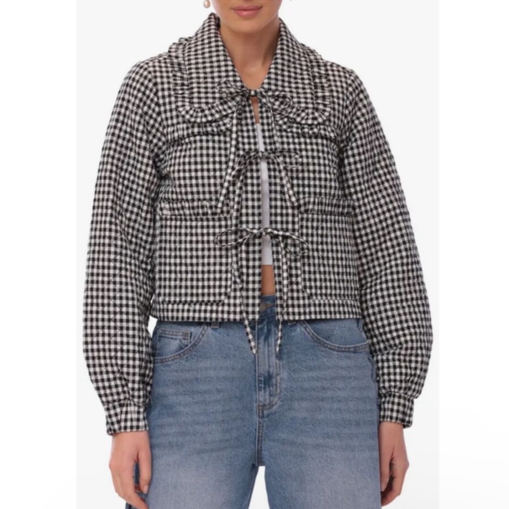 Avec Les Filles Small Maura Bow Tie Check Jacket Black White - Picture 2 of 9